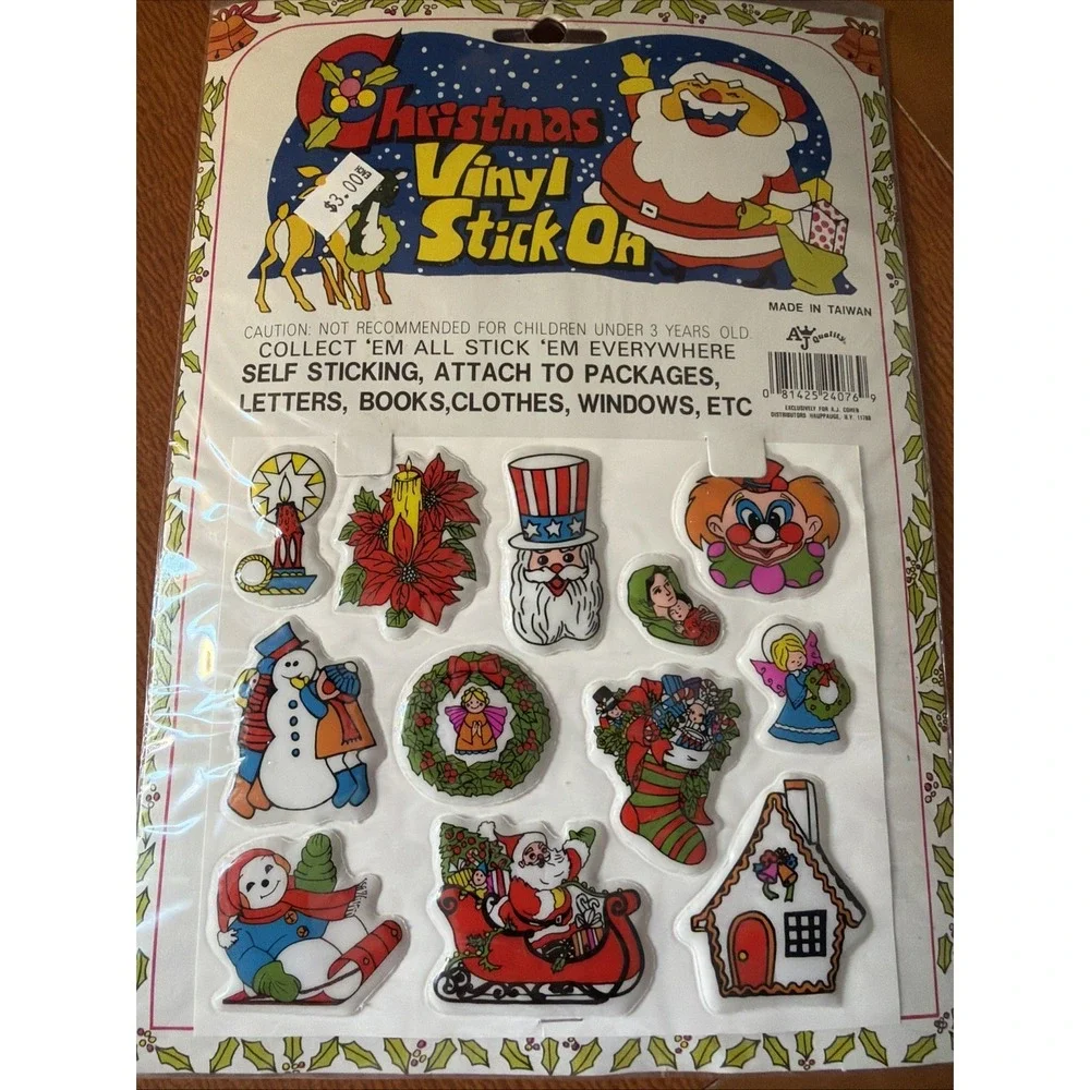 Vintage Christmas Puffy Stickers Vinyl Stick On Santa Wreath Frosty 3D Sheet